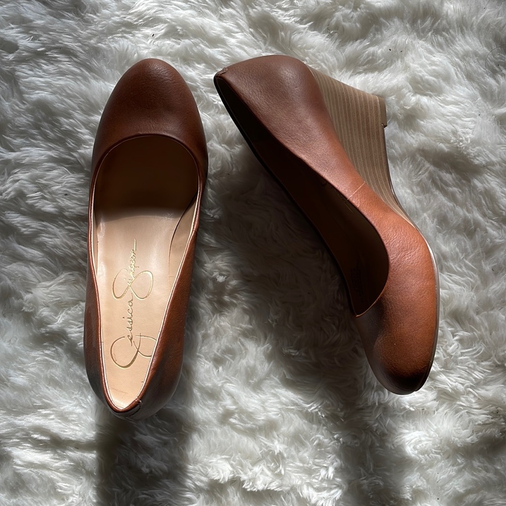 Brown and wood wedge shoes
